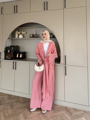 Tokyo Yırtmaçlı Kimono Pantolonlu Takım Pembe (5813)
