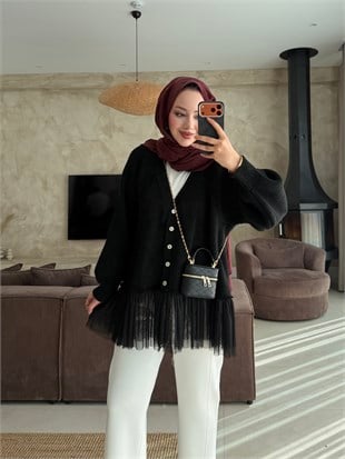 Tüllü Triko Hırka Siyah (1101)