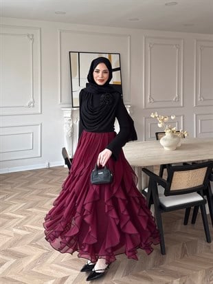 Elegance Fırfırlı Etek Takım  Bordo (5773)