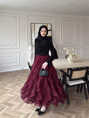 Elegance Fırfırlı Etek Takım  Bordo (5773)