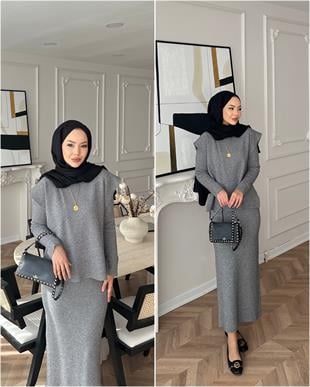 Vally Triko Yelekli Elbise Gri