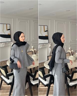 Vally Triko Yelekli Elbise Gri