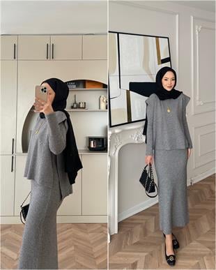 Vally Triko Yelekli Elbise Gri