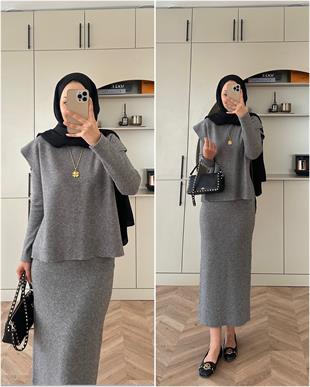 Vally Triko Yelekli Elbise Gri