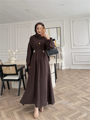 Vasilisa Broş Detaylı Keten Elbise Acı Kahve (1079)