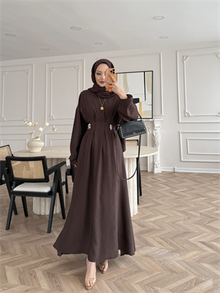 Vasilisa Broş Detaylı Keten Elbise Acı Kahve (1079)