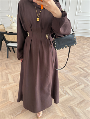 Vasilisa Broş Detaylı Keten Elbise Acı Kahve (1079)