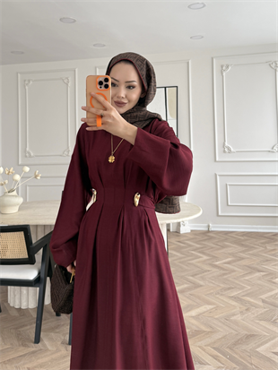 Vasilisa Broş Detaylı Keten Elbise Bordo (1079)