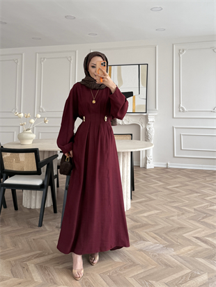 Vasilisa Broş Detaylı Keten Elbise Bordo (1079)