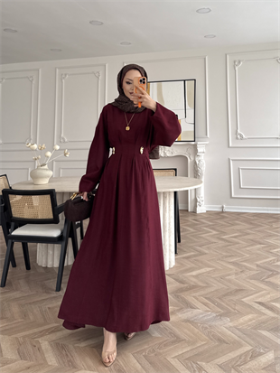 Vasilisa Broş Detaylı Keten Elbise Bordo (1079)