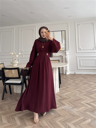Vasilisa Broş Detaylı Keten Elbise Bordo (1079)