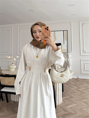 Vasilisa Broş Detaylı Keten Elbise Ekru (1079)