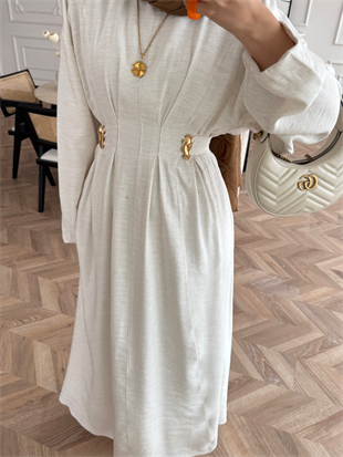 Vasilisa Broş Detaylı Keten Elbise Ekru (1079)