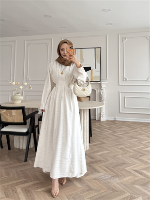 Vasilisa Broş Detaylı Keten Elbise Ekru (1079)