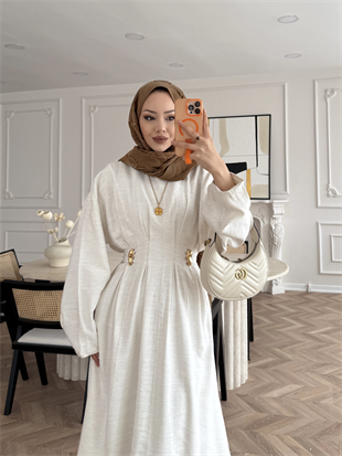 Vasilisa Broş Detaylı Keten Elbise Ekru (1079)