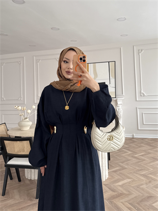 Vasilisa Broş Detaylı Keten Elbise Lacivert (1079)