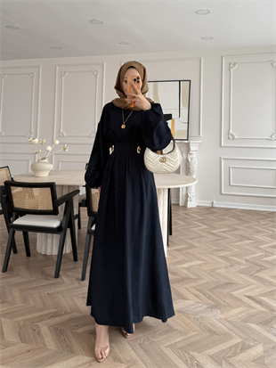 Vasilisa Broş Detaylı Keten Elbise Lacivert (1079)