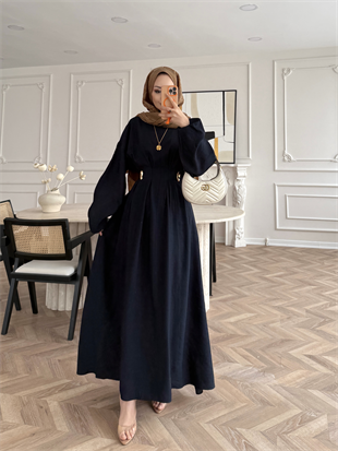 Vasilisa Broş Detaylı Keten Elbise Lacivert (1079)