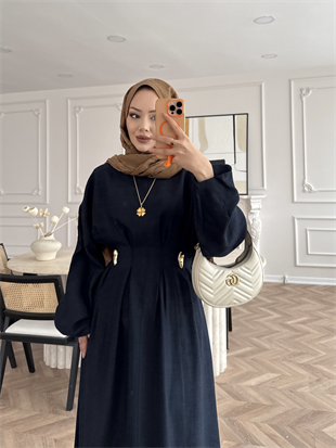 Vasilisa Broş Detaylı Keten Elbise Lacivert (1079)