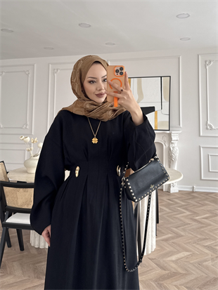Vasilisa Broş Detaylı Keten Elbise Siyah (1079)