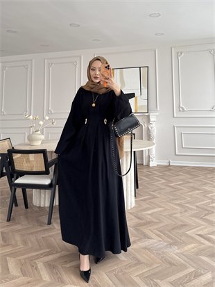 Vasilisa Broş Detaylı Keten Elbise Siyah (1079)