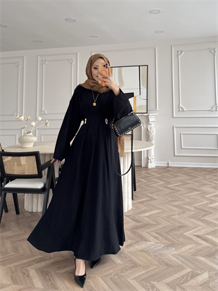 Vasilisa Broş Detaylı Keten Elbise Siyah (1079)