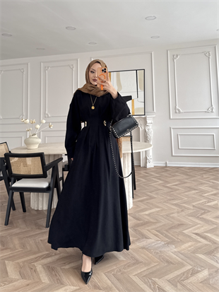 Vasilisa Broş Detaylı Keten Elbise Siyah (1079)