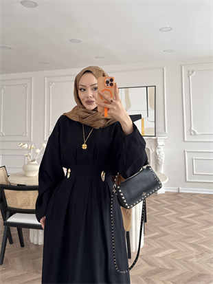 Vasilisa Broş Detaylı Keten Elbise Siyah (1079)