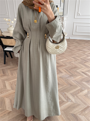 Vasilisa Broş Detaylı Keten Elbise Haki (1079)