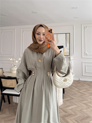 Vasilisa Broş Detaylı Keten Elbise Haki (1079)