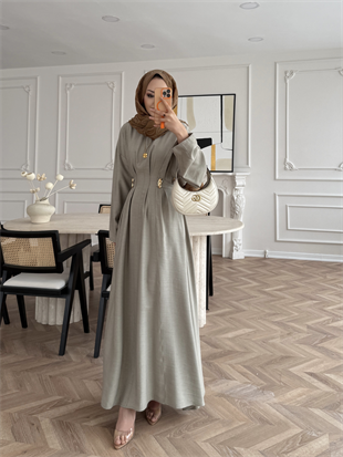 Vasilisa Broş Detaylı Keten Elbise Haki (1079)