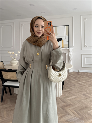 Vasilisa Broş Detaylı Keten Elbise Haki (1079)