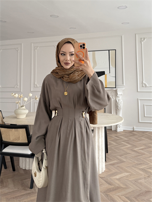Vasilisa Broş Detaylı Keten Elbise Vizon (1079)