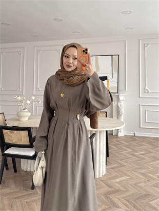 Vasilisa Broş Detaylı Keten Elbise Vizon (1079)