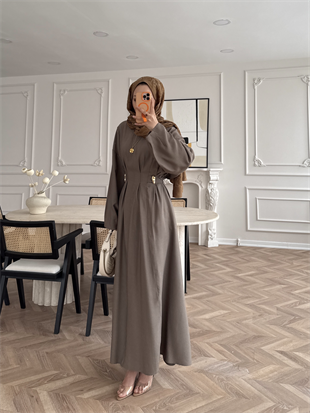 Vasilisa Broş Detaylı Keten Elbise Vizon (1079)