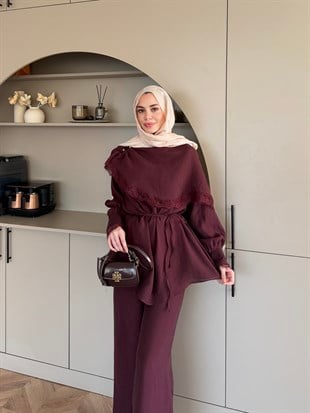 Vea Dantel Detaylı Pelerinli Pantolonlu Takım Bordo (8641)