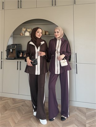 Vega Şerit Detaylı Dik Yaka Takım Kahve  (2380)