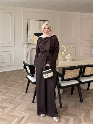 Veloura Asimetrik Pantolon Takım Acı Kahve (8041)