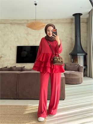 Vena Fırfırlı Pantolonlu Takım Kırmızı (241)