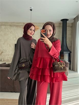 Vena Fırfırlı Pantolonlu Takım Kırmızı (241)