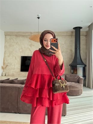 Vena Fırfırlı Pantolonlu Takım Kırmızı (241)