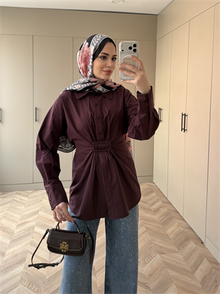 Vera Toka Detaylı Beli Büzgülü Gömlek Mürdüm (4402)