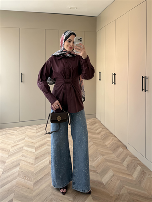 Vera Toka Detaylı Beli Büzgülü Gömlek Mürdüm (4402)