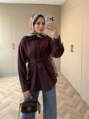 Vera Toka Detaylı Beli Büzgülü Gömlek Mürdüm (4402)