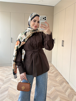Vera Toka Detaylı Beli Büzgülü Gömlek Acı Kahve (4402)