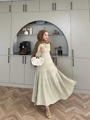 Vienna Simli Triko Elbise Bej