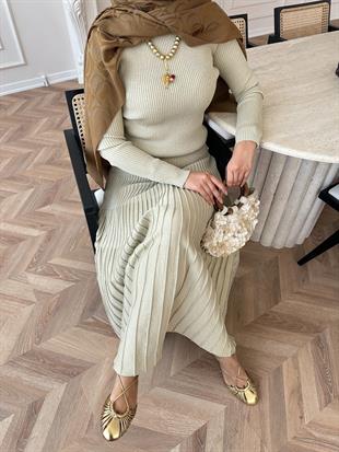 Vienna Simli Triko Elbise Bej