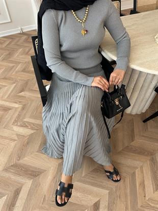 Vienna Simli Triko Elbise Gri 