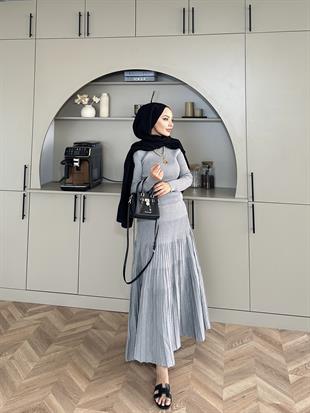 Vienna Simli Triko Elbise Gri 