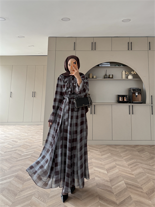 Vilde Fırfır Yaka Şifon Elbise Füme-Kahve (2006SV)